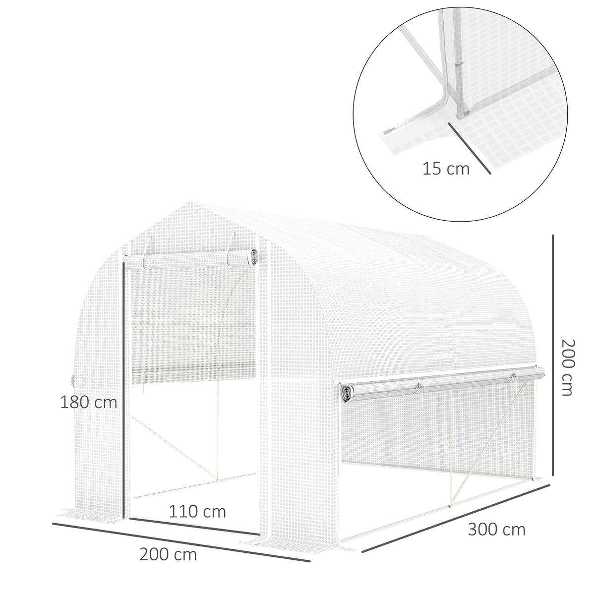 Tunnelikasvihuone rullattavilla sivuilla ja verkko-ovella, 3 x 2 x 2 m, valkoinen