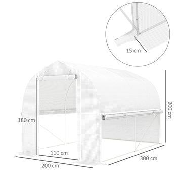 Tunnelikasvihuone rullattavilla sivuilla ja verkko-ovella, 3 x 2 x 2 m, valkoinen