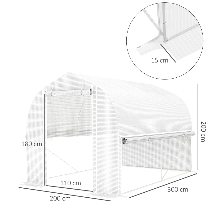 Tunnelikasvihuone rullattavilla sivuilla ja verkko-ovella, 3 x 2 x 2 m, valkoinen