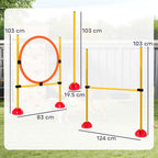 Koiran agility-setti 3 osaa: hyppyeste, rengas ja pujottelukepit, täytettävät jalustat, keltainen