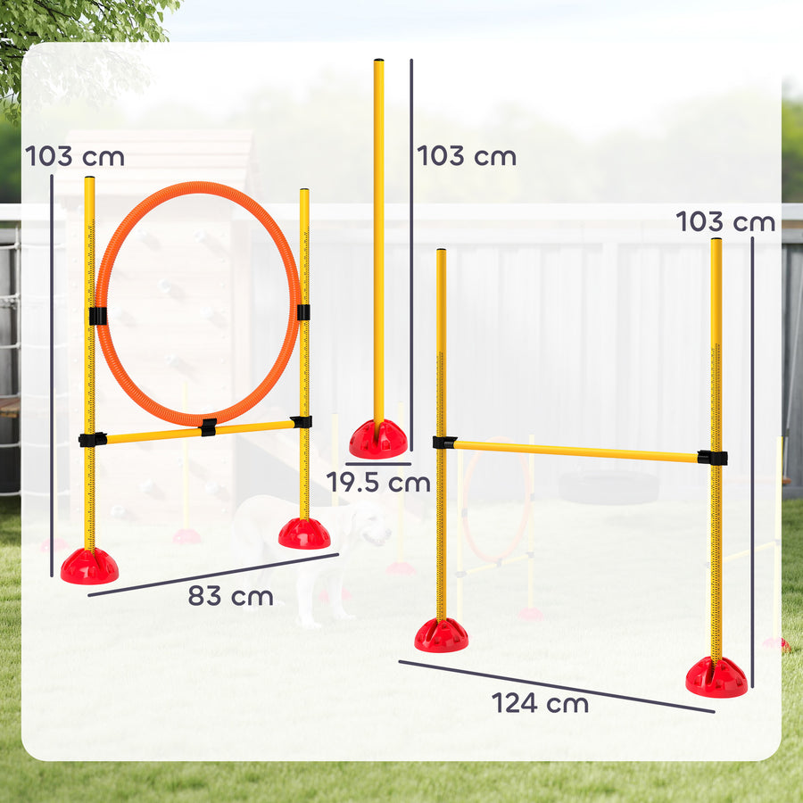 Koiran agility-setti 3 osaa: hyppyeste, rengas ja pujottelukepit, täytettävät jalustat, keltainen