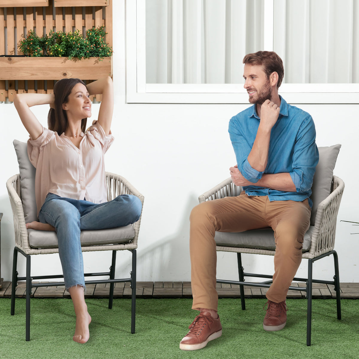 Boho-tyyliset terassituolit punotulla istuinkuorella ja tyynyillä, 2 kpl, beige