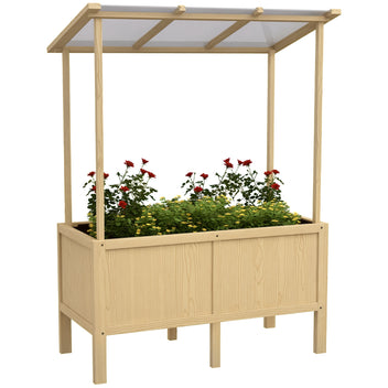 Korotettu puinen kasvatuslaatikko polykarbonaattikatolla, 110 x 60 x 152 cm, luonnonpuu