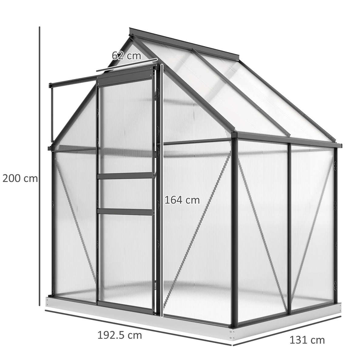 Alumiininen polykarbonaattikasvihuone perustuksella ja kattoikkunalla, 2,5 m², harmaa