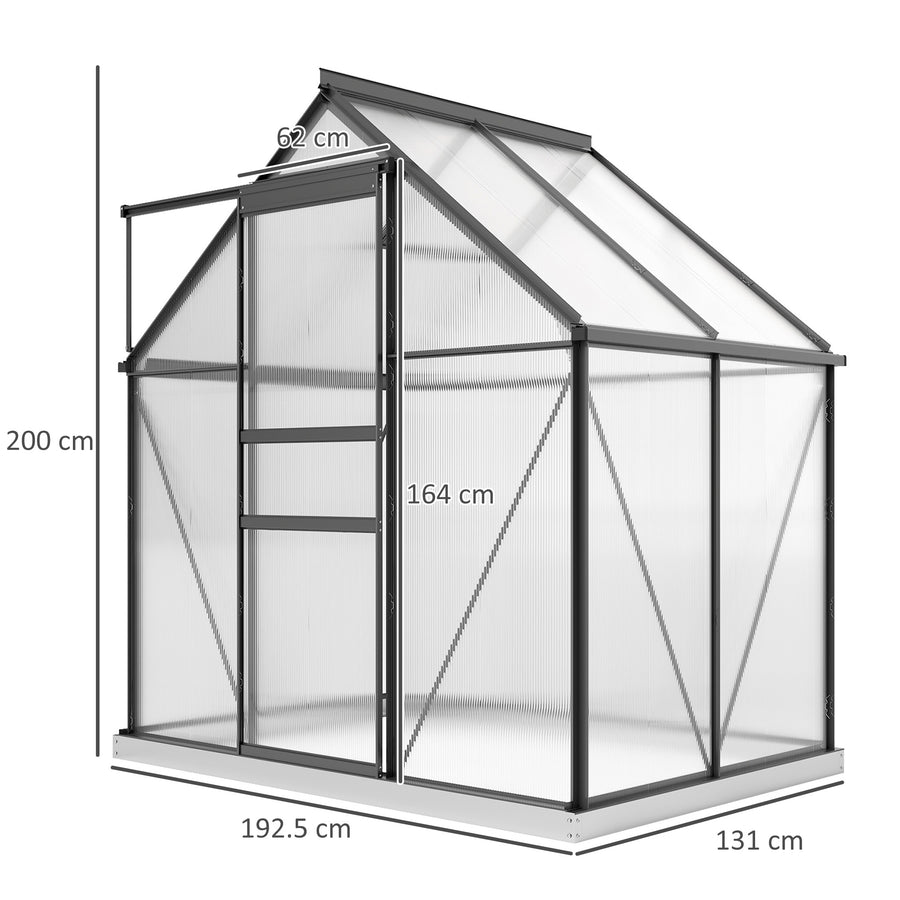 Alumiininen polykarbonaattikasvihuone perustuksella ja kattoikkunalla, 2,5 m², harmaa