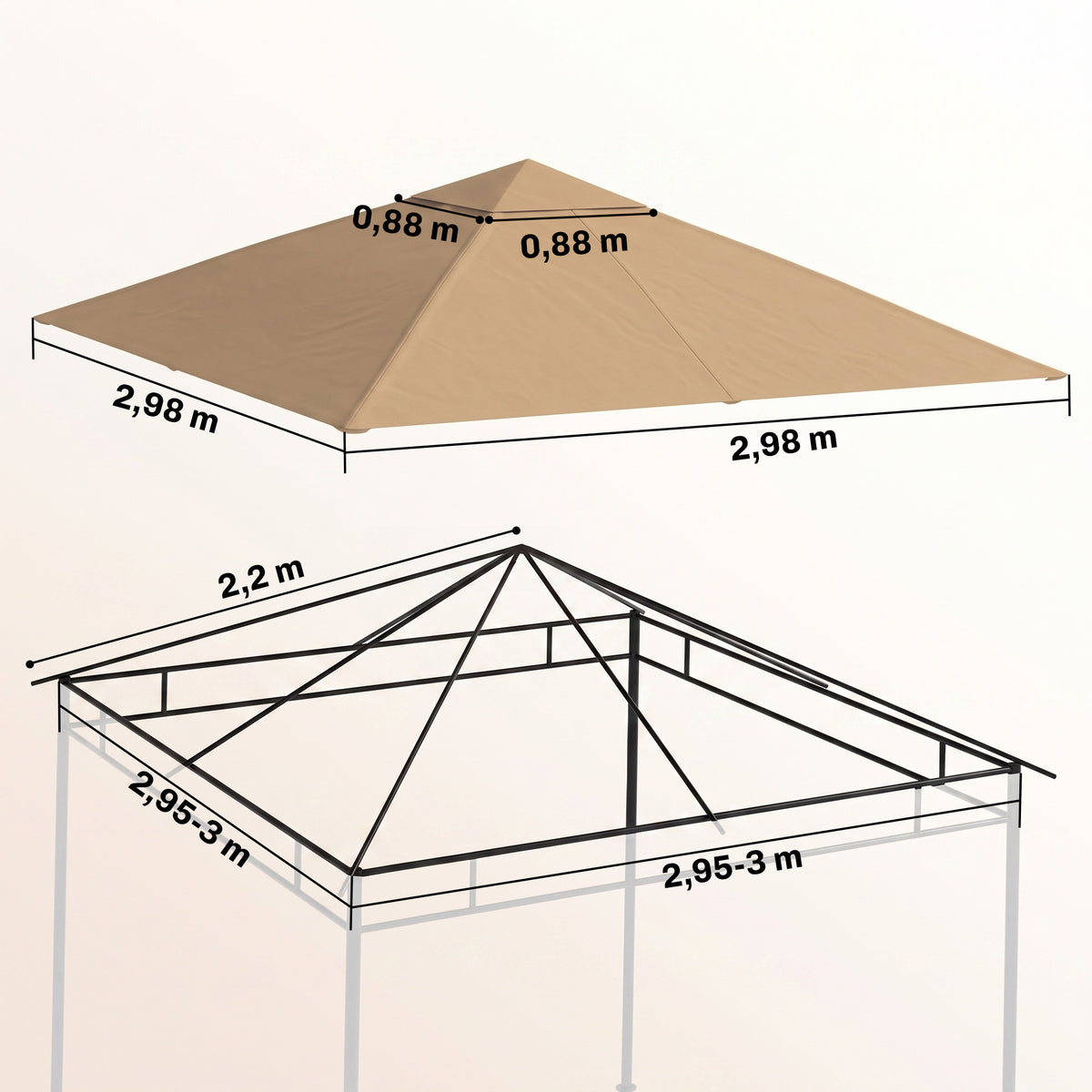 Varakatto paviljonkiin 2,98 x 2,98 m, tuuletettu yläkatto, beige