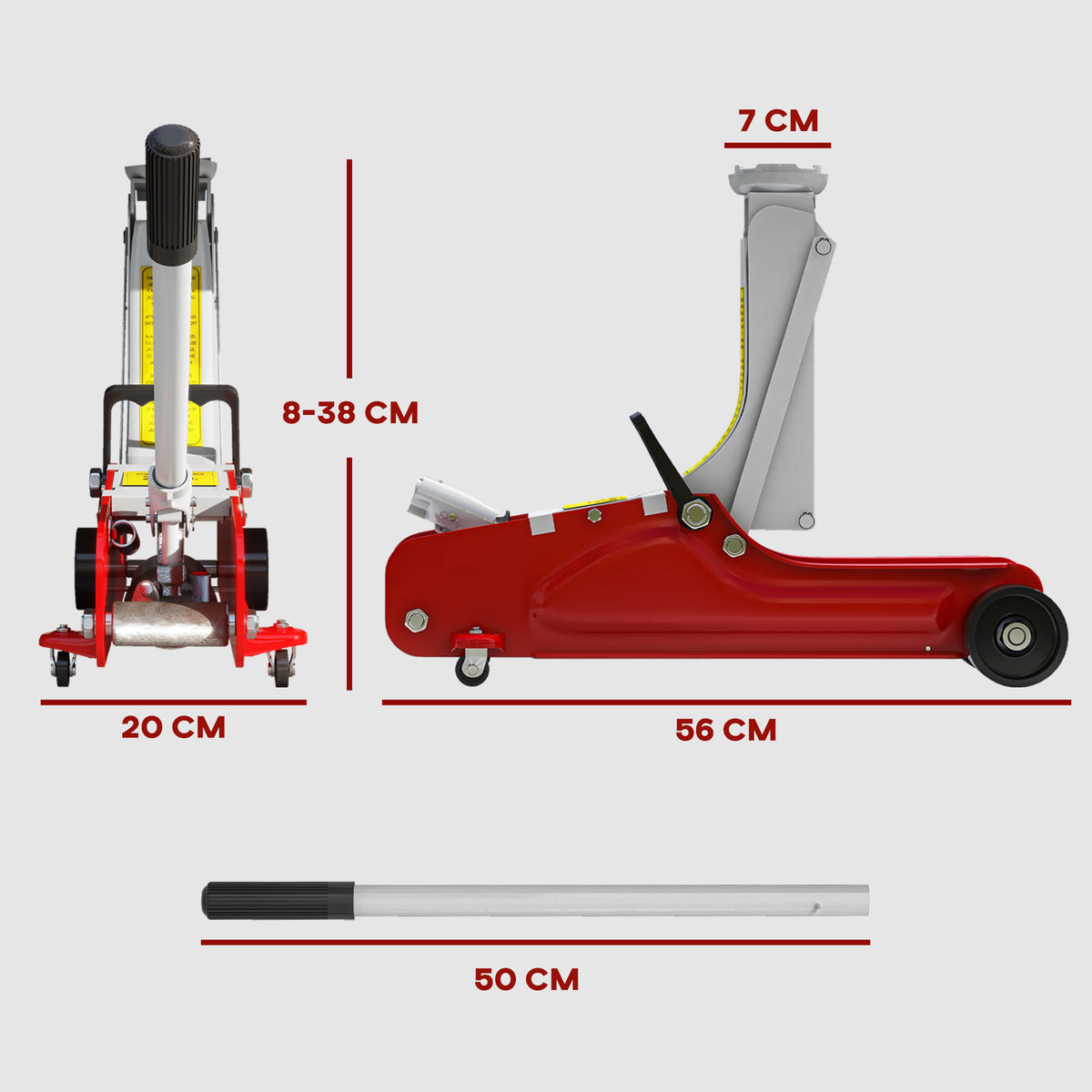 Hydraulinen siirrettävä tunkki 2,5 t, nostokorkeus 8–38 cm, ylikuormitussuoja, punainen