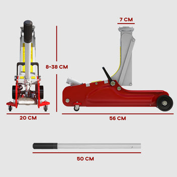 Hydraulinen siirrettävä tunkki 2,5 t, nostokorkeus 8–38 cm, ylikuormitussuoja, punainen
