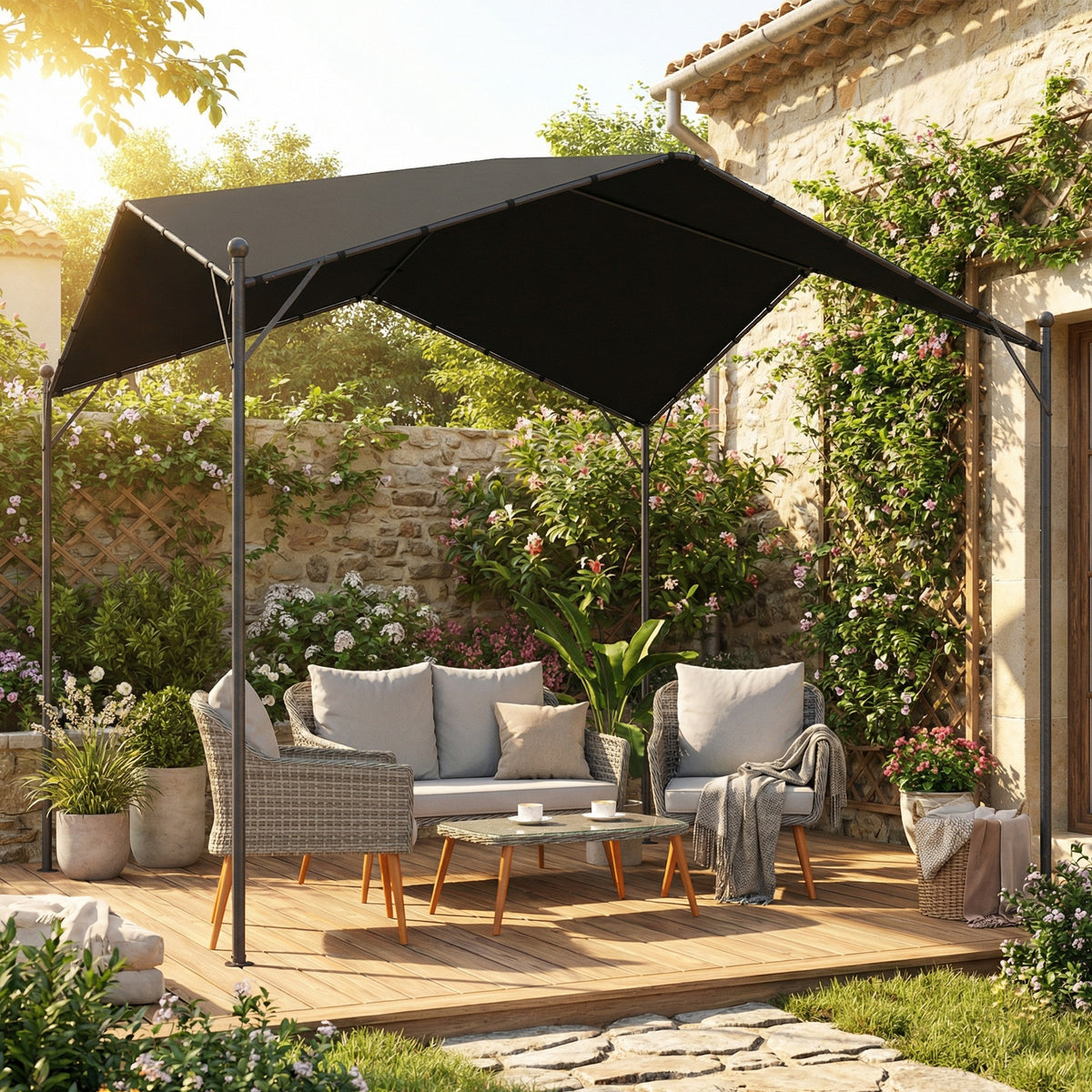 Pergola harjakatolla ja kolmiotuilla, 3 x 3 m, tummanharmaa