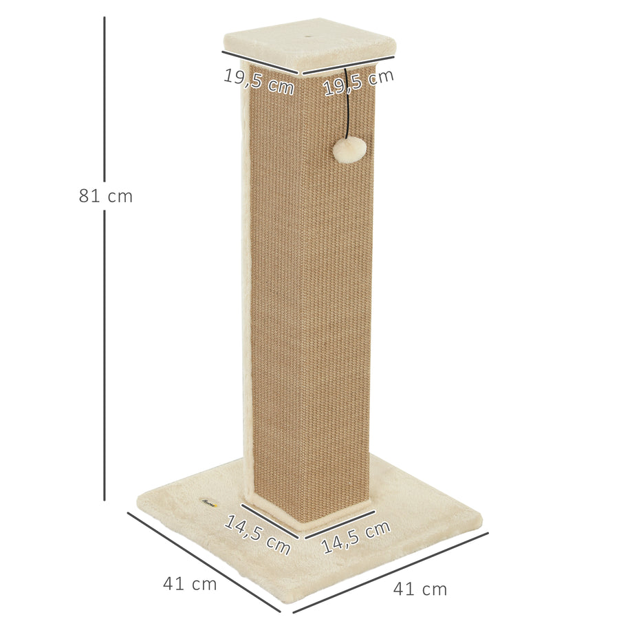 Korkea kissan raapimispylväs juuttiköydellä ja pallolla, 81 cm, beige