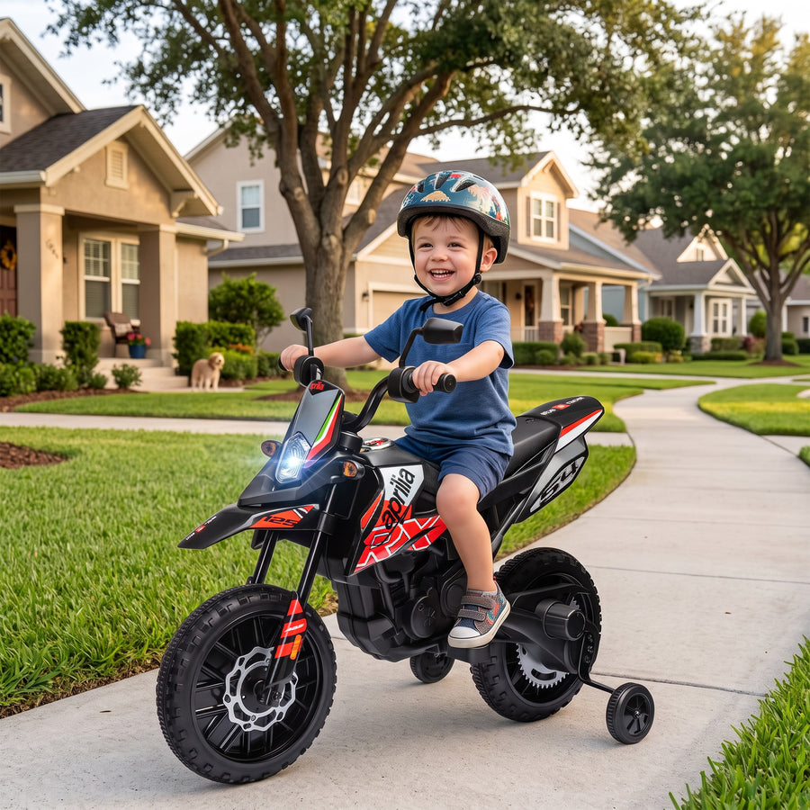 Lasten sähkömoottoripyörä Aprilia 12V, tukipyörät, iskunvaimentimet, USB, 3–8 v, punainen