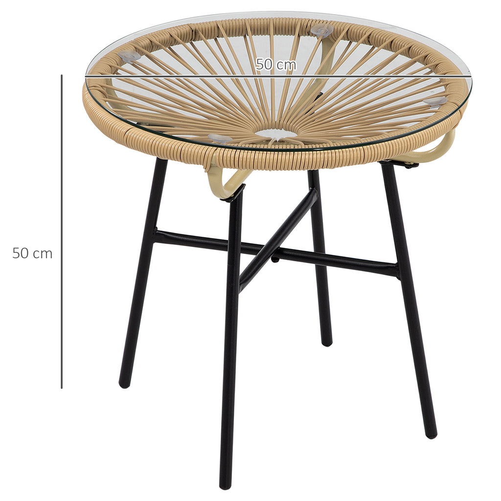 Boho-tyylinen rottinkinen sivupöytä lasikannella, Ø50 cm, beige