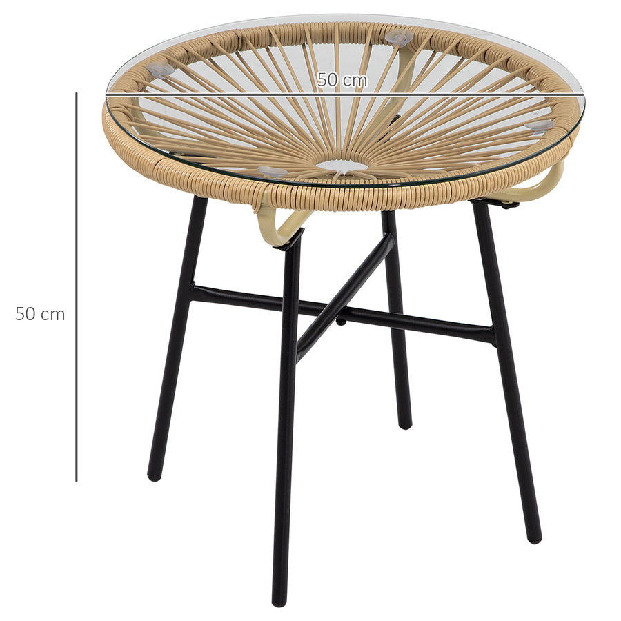 Boho-tyylinen rottinkinen sivupöytä lasikannella, Ø50 cm, beige