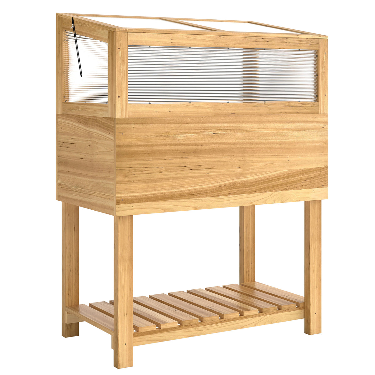 Korotettu kasvatuslaatikko polykarbonaattikannella ja alahyllyllä, 80 x 45 x 108,5 cm
