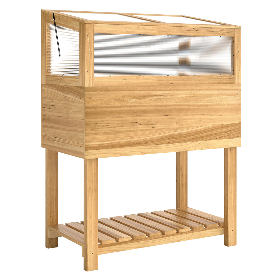 Korotettu kasvatuslaatikko polykarbonaattikannella ja alahyllyllä, 80 x 45 x 108,5 cm