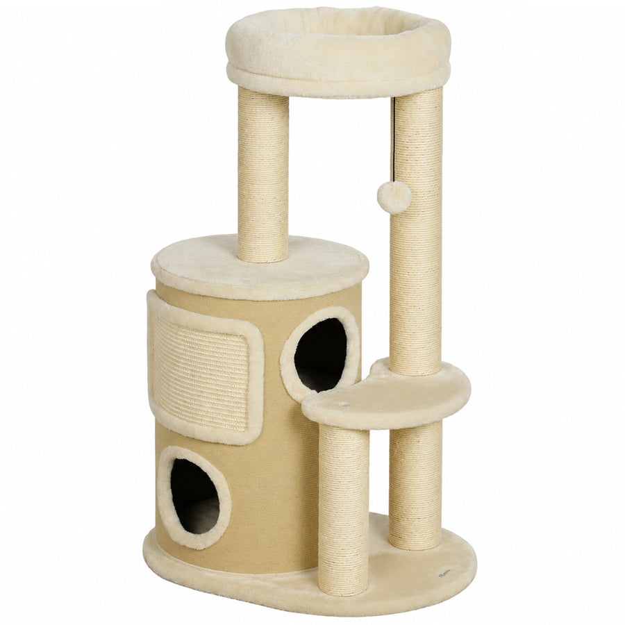 Kissan raapimispuu kaksikerroksisella raapimistynnyrillä, 90 cm, beige