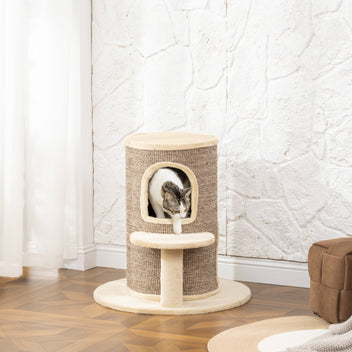 Kaksikerroksinen kissan raapimistynnyri hyppytasolla, 61 cm, beige/ruskea