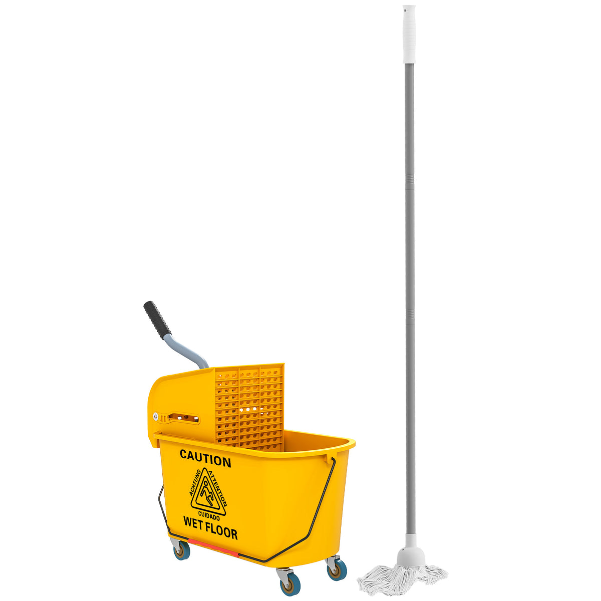 Moppiämpäri 20 l sivupuristimella, moppi ja harja-rikkalapio, säilytyskori, pyörät, keltainen