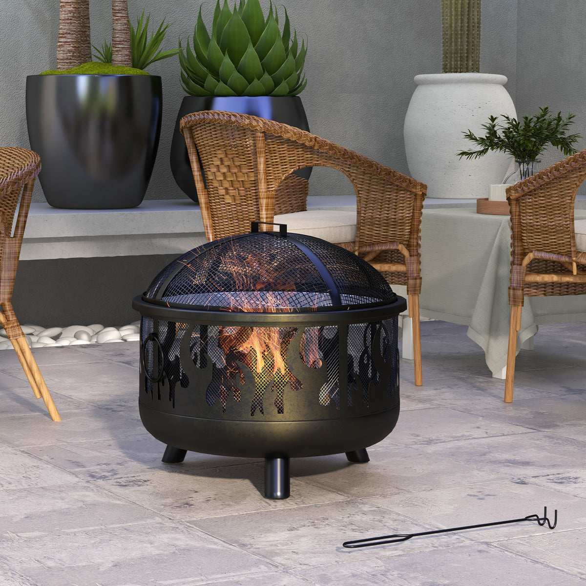 Tulisija ja grilli 2-in-1 kipinäsuojalla, Ø61 cm, musta