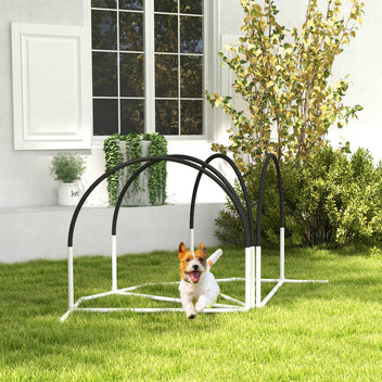 Koiran agility-setti 4 osaa maapiikeillä ja kantolaukulla, 89 x 69 x 99 cm, valkoinen/musta