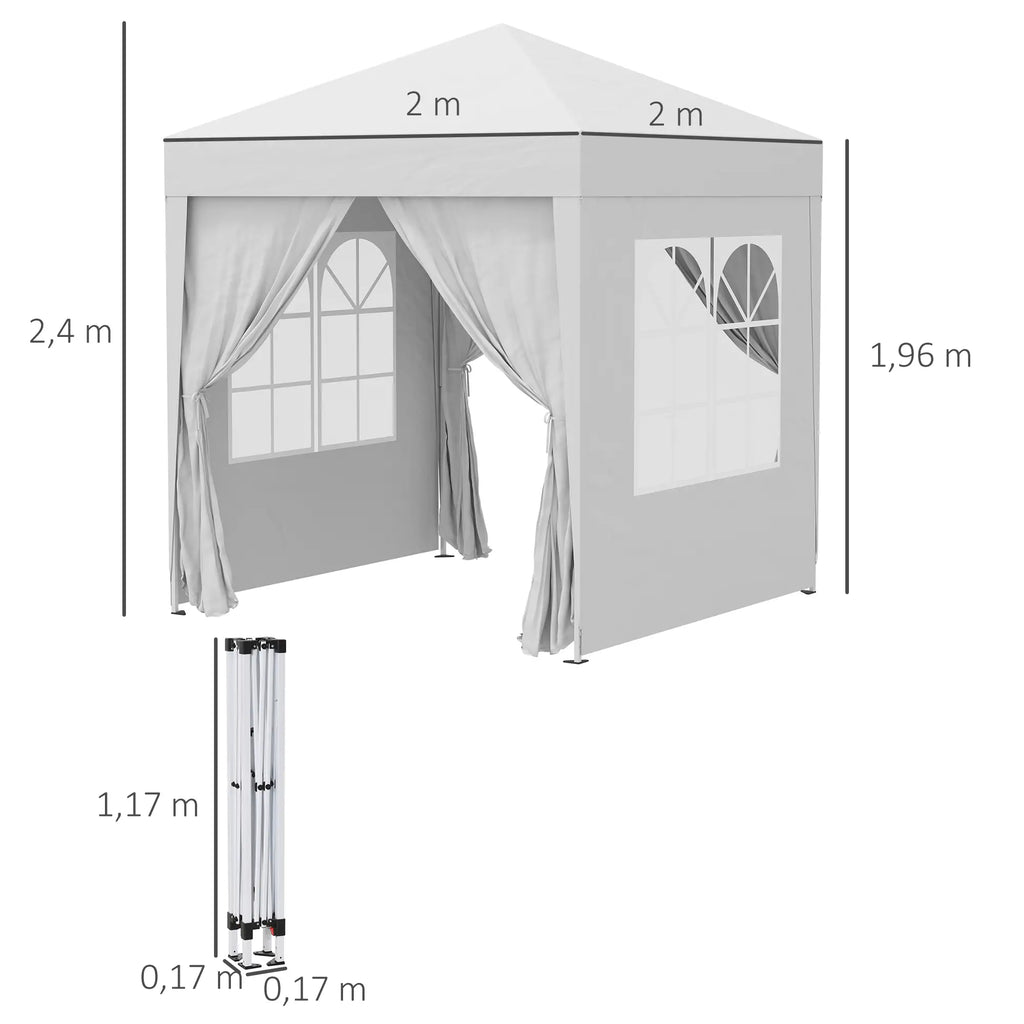 Pop up -paviljonki 2 x 2 m, 4 irrotettavaa sivuseinää ja kantolaukku, valkoinen