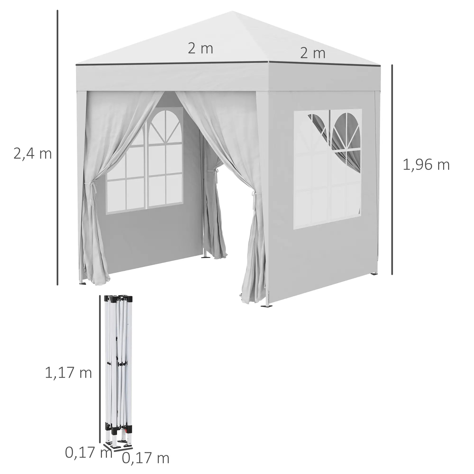 Pop up -paviljonki 2 x 2 m, 4 irrotettavaa sivuseinää ja kantolaukku, valkoinen