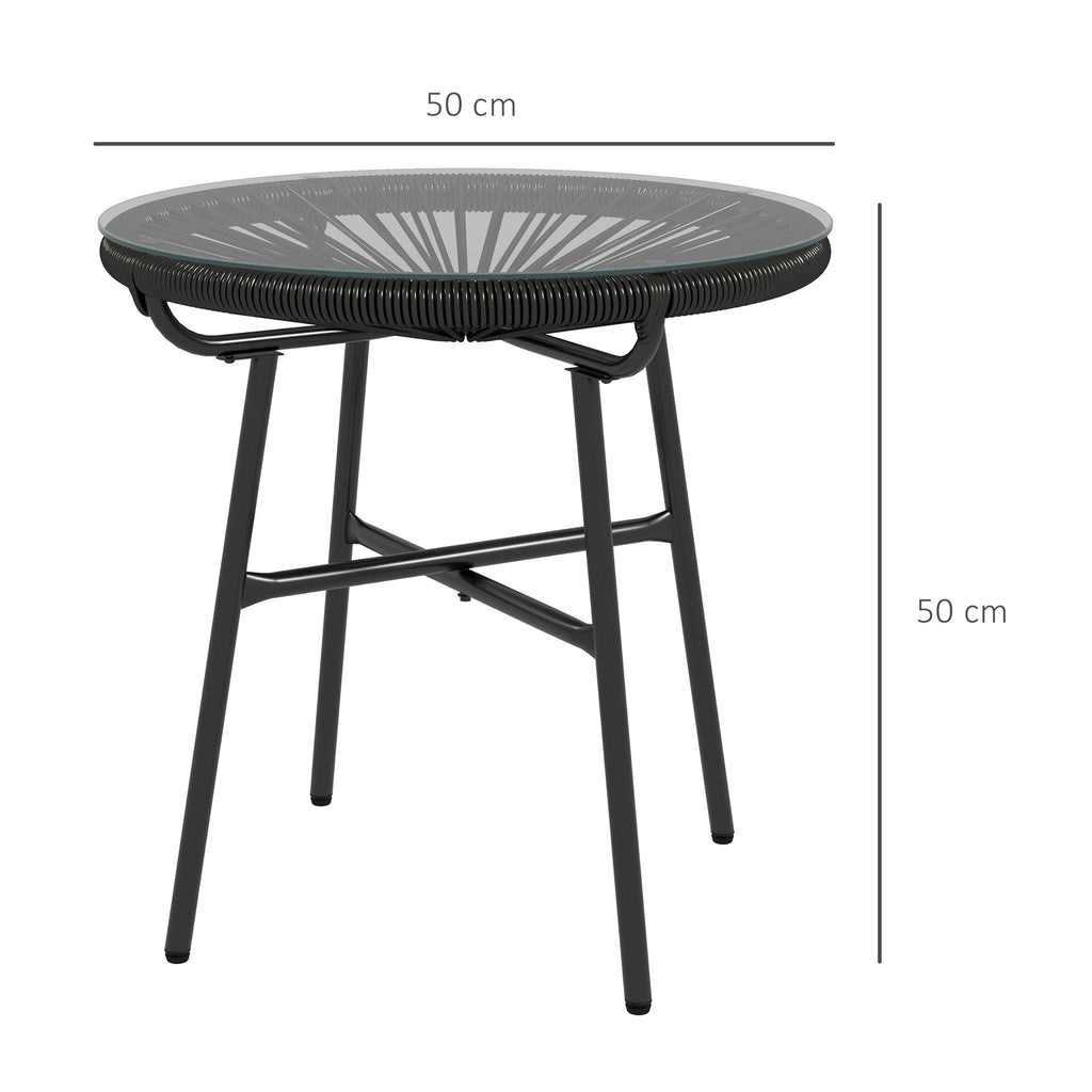 Boho-tyylinen rottinkinen sivupöytä lasikannella, Ø50 cm, musta