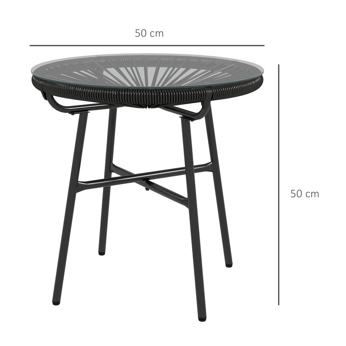 Boho-tyylinen rottinkinen sivupöytä lasikannella, Ø50 cm, musta