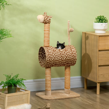 Kirahvin muotoinen kissan raapimispuu tunnelilla, 101 cm, beige