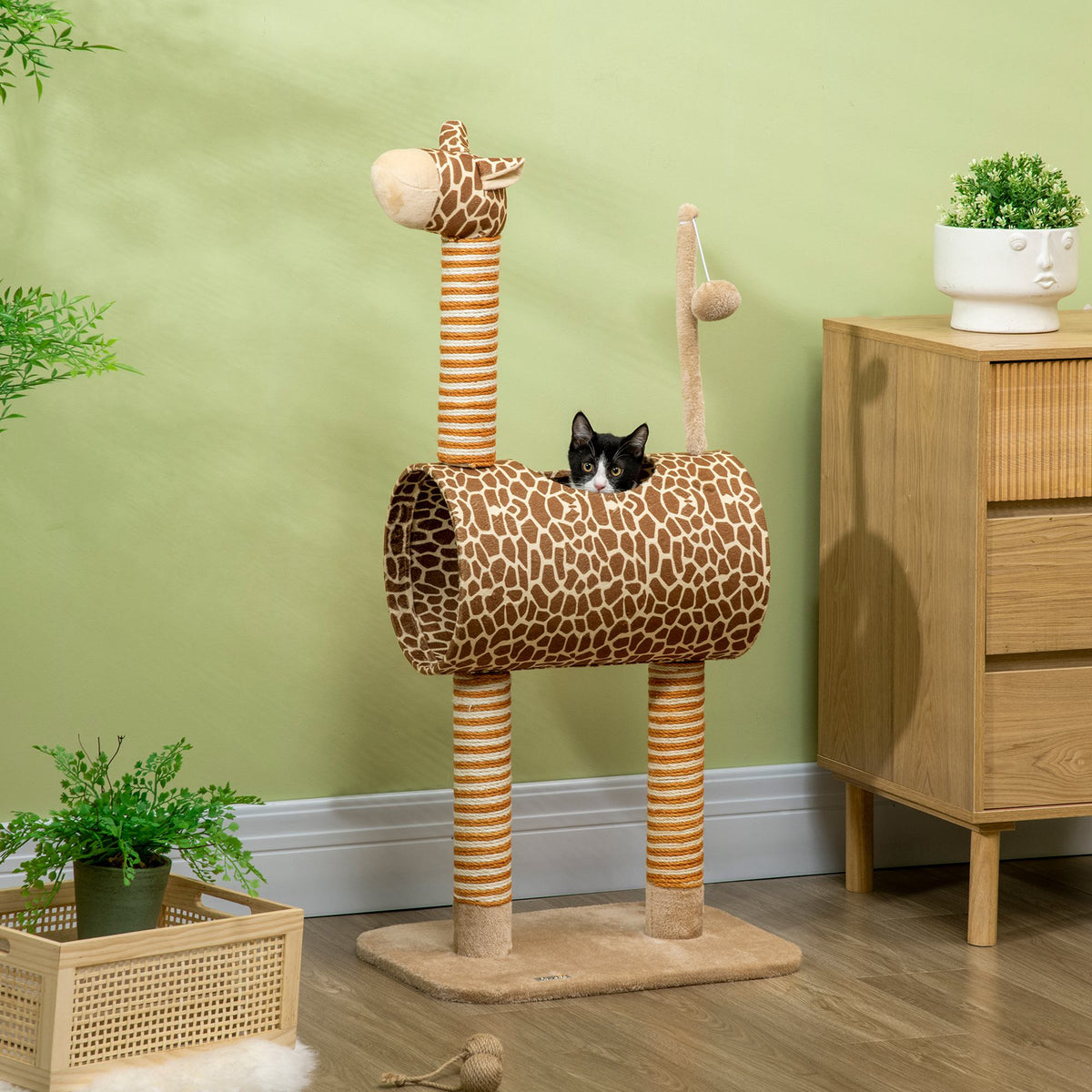 Kirahvin muotoinen kissan raapimispuu tunnelilla, 101 cm, beige