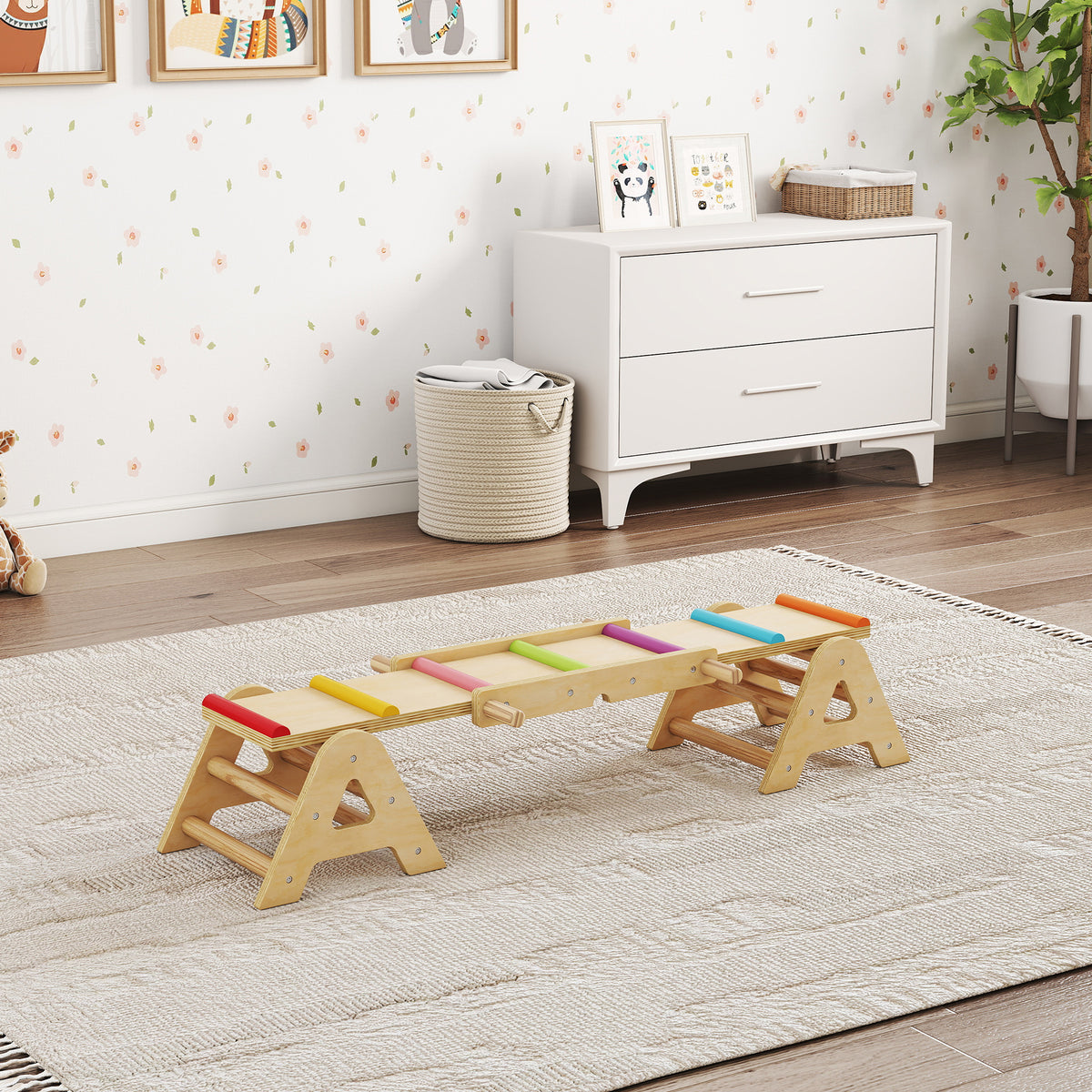 Lasten keinulauta ja tasapainopuomi 2-in-1, puu, 133 x 38 x 24 cm, 2–4 v