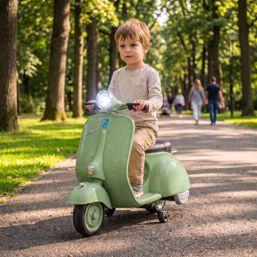 Lasten sähkömopo Vespa litiumakulla, tukipyörät, pehmeä lähtö, USB ja musiikki, 3 v+, vihreä