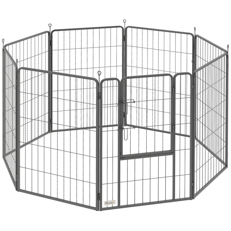 Koiran aitaus 8 paneelia ovella ja maapiikeillä, 100 cm korkea, teräs, 136 x 136 cm, musta