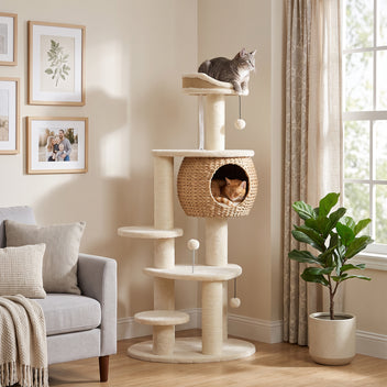 Kissan raapimispuu punotulla osmankäämipesällä, 132 cm, beige