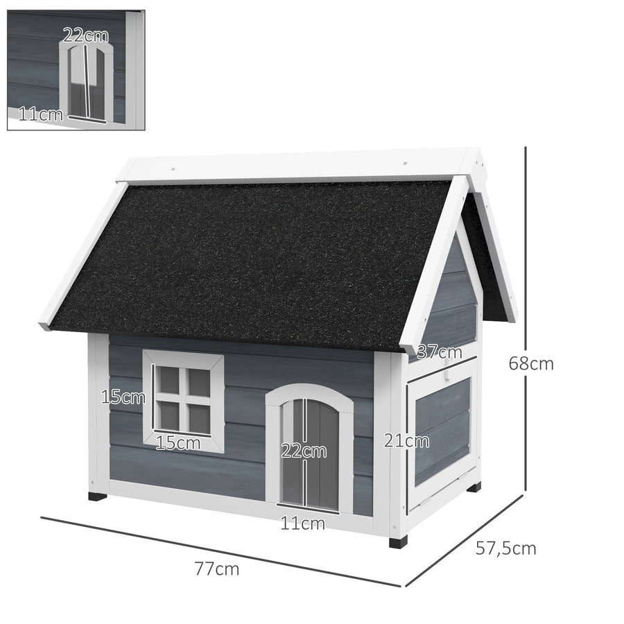 Puinen kissatalo ikkunalla ja kolmella ovella, 77 x 57,5 x 68 cm, harmaa