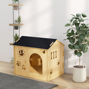 Koiran sisäkoppi kuvioiduilla tuuletusaukoilla, MDF, pienille koirille ja kissoille, 69 x 50 x 58,5 cm, tammi/musta