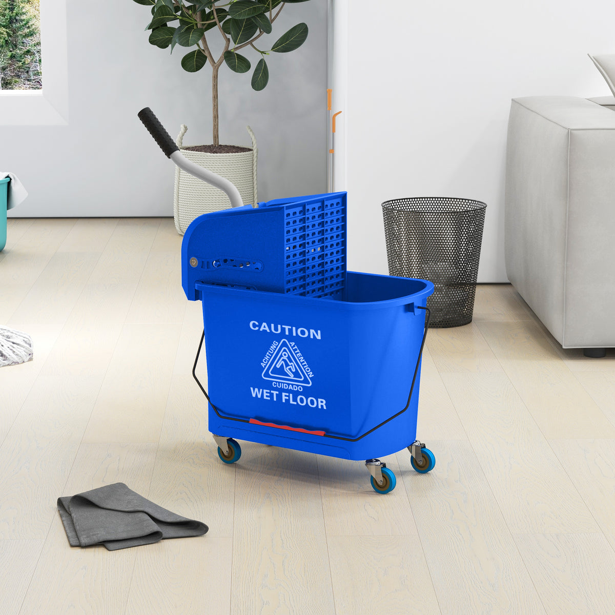 Moppiämpäri 20 l puristimella ja kahvalla, pyörät, muovi, sininen