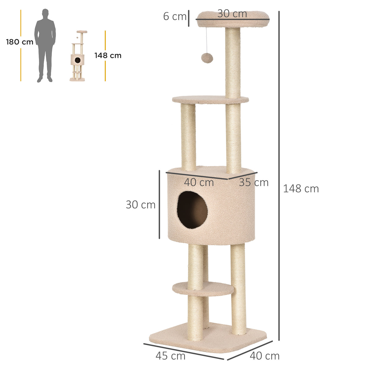 Kissan raapimispuu pesällä ja reunallisella ylätasolla, 148 cm, beige