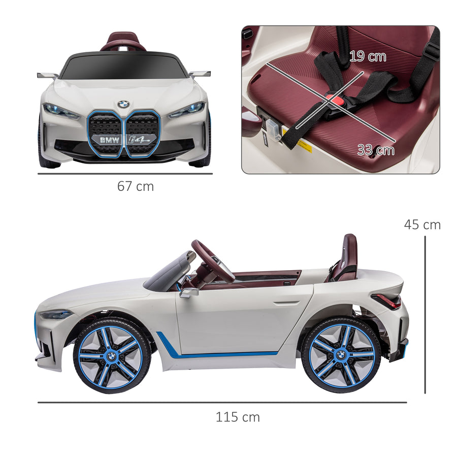 Lasten sähköauto BMW i4 – turvavyö, kaukosäädin ja multimediasoitin, 12V akku, valkoinen