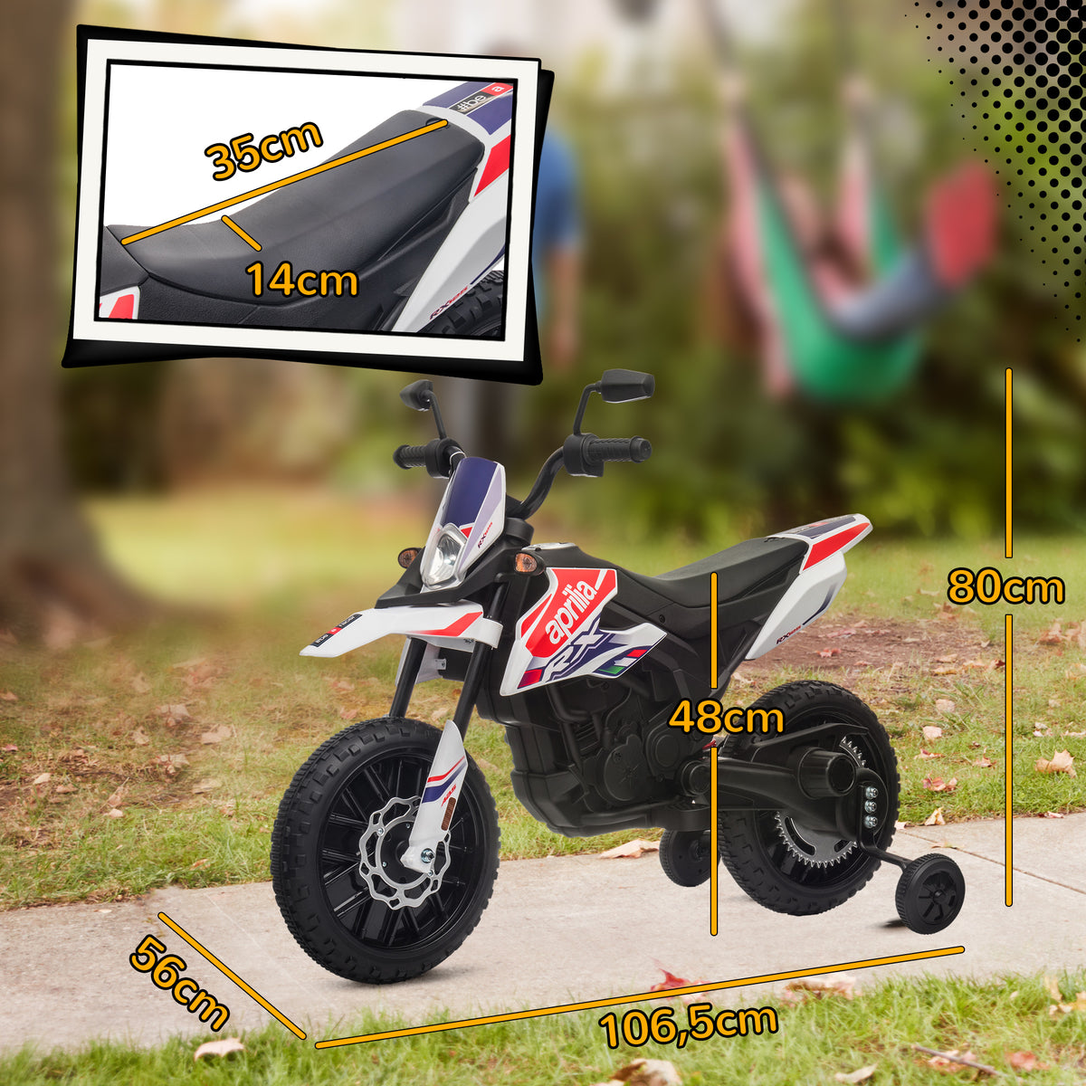 Lasten sähkömoottoripyörä Aprilia 12V, tukipyörät, iskunvaimentimet, USB, 3–8 v, valkoinen