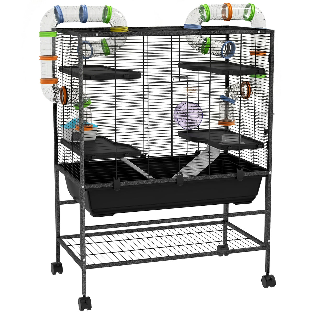 Rymlig hamsterbur med rör och plattformar – träningshjul, hydda och hjul – 109 cm
