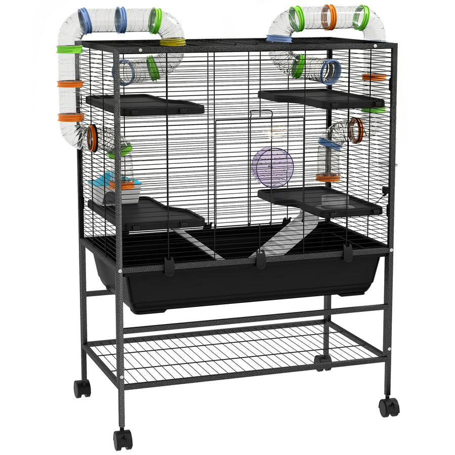 Rymlig hamsterbur med rör och plattformar – träningshjul, hydda och hjul – 109 cm
