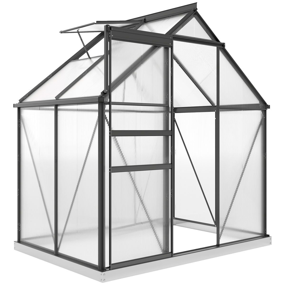 Alumiininen polykarbonaattikasvihuone perustuksella ja kattoikkunalla, 2,5 m², harmaa