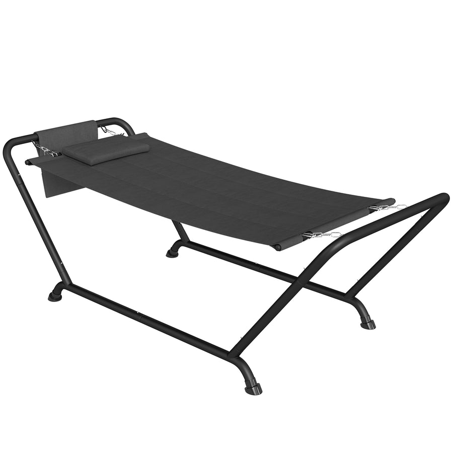 Riippumatto telineellä 237 x 90 cm, niskatyyny ja sivutasku, metallirunko 150 kg
