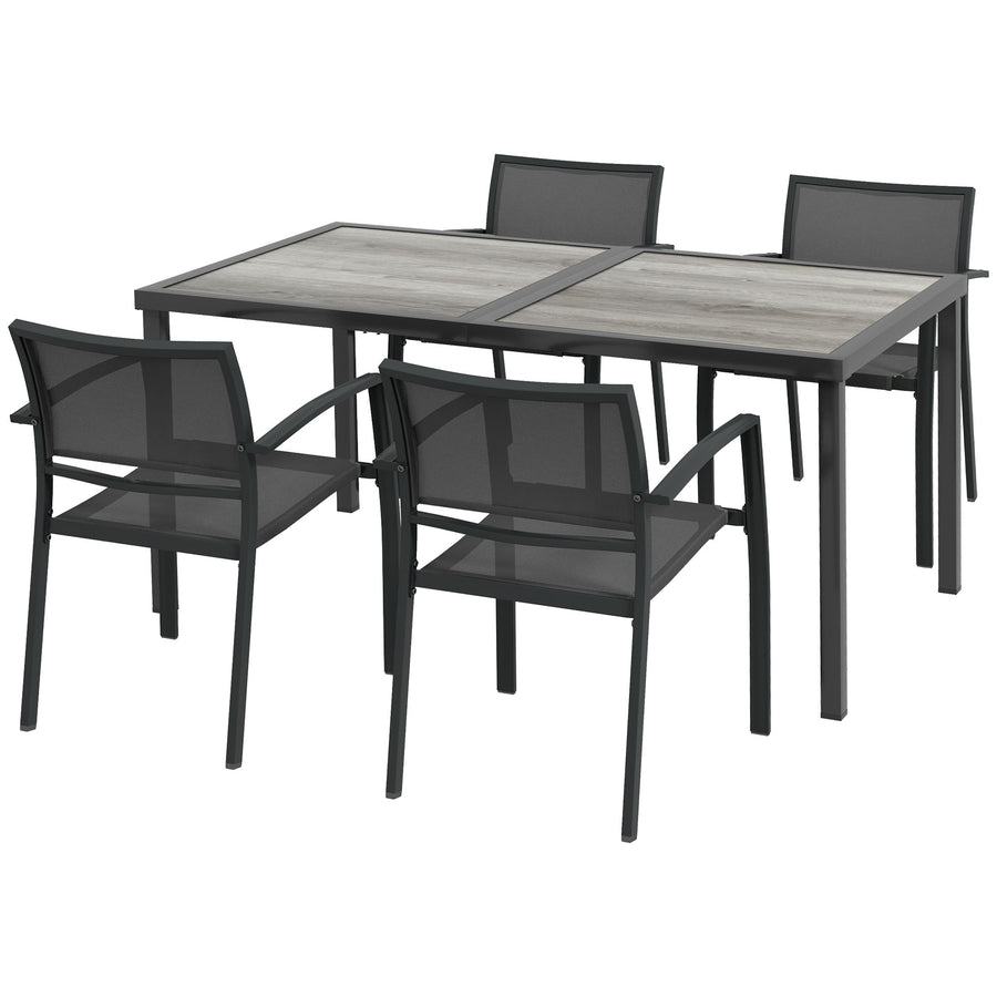 Ruokailuryhmä neljälle pinottavilla tuoleilla, 150 cm pöytä, harmaa