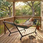 Riippumatto telineellä 237 x 90 cm, niskatyyny ja sivutasku, metallirunko 150 kg