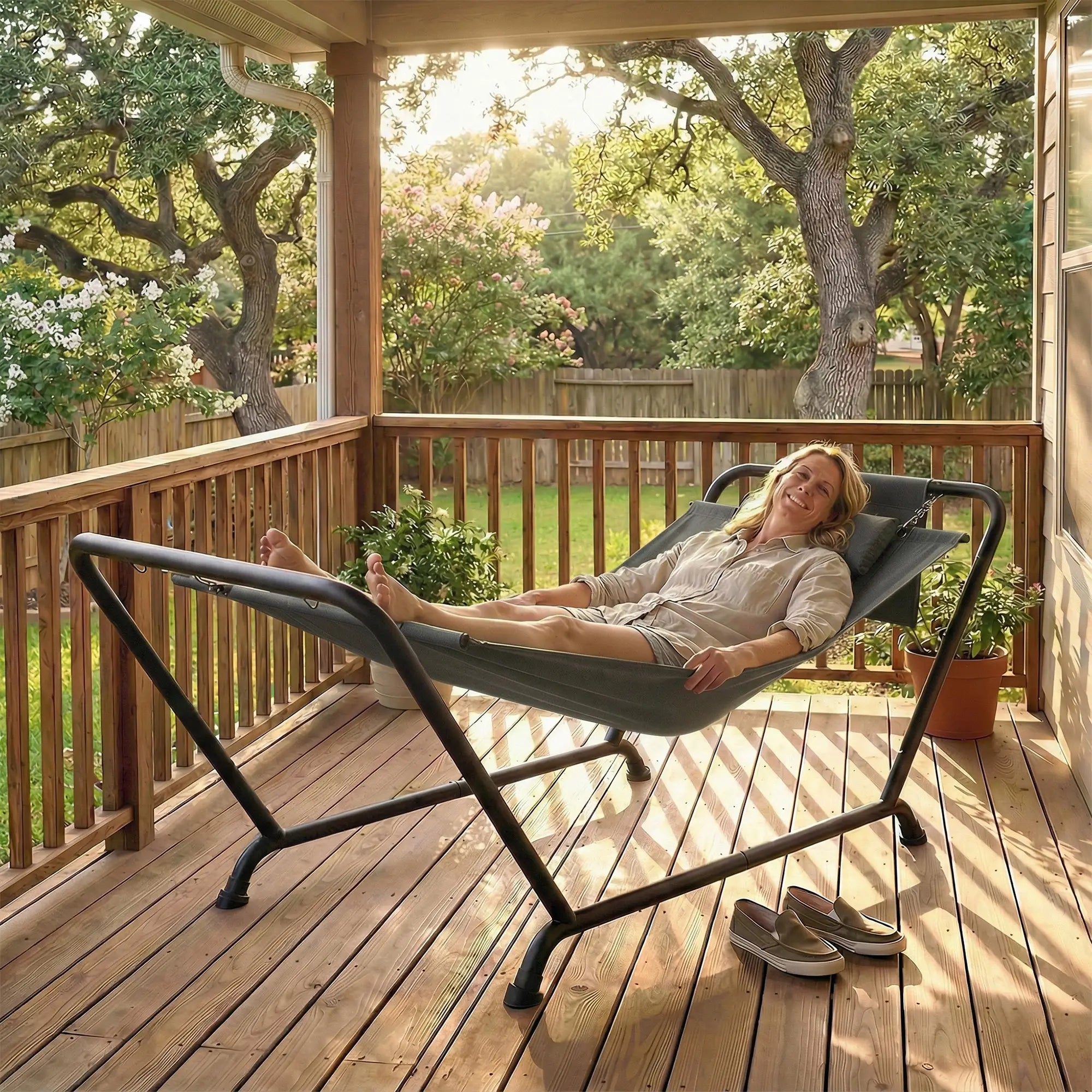 Riippumatto telineellä 237 x 90 cm, niskatyyny ja sivutasku, metallirunko 150 kg