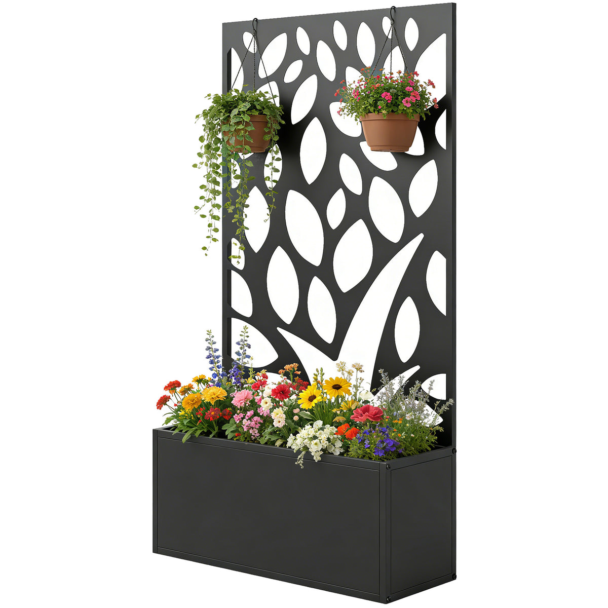 Metallinen istutuslaatikko oksakuvioisella säleiköllä, 61 x 23 x 113 cm, musta