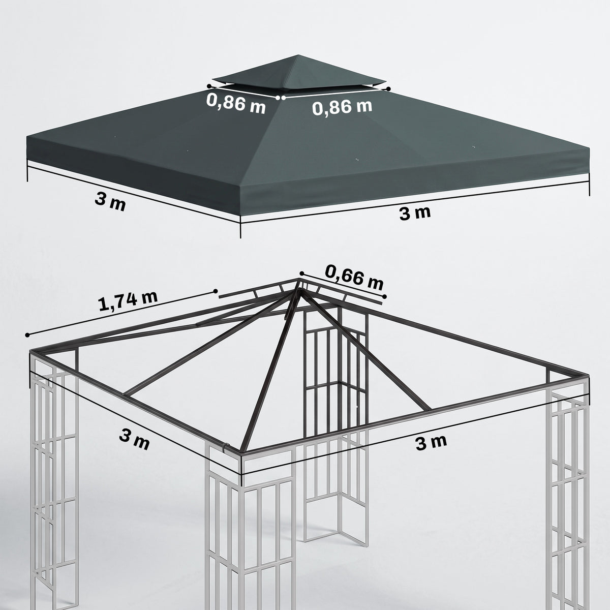 Varakatto 3 x 3 m paviljonkiin, kaksoiskatto, hiilenharmaa