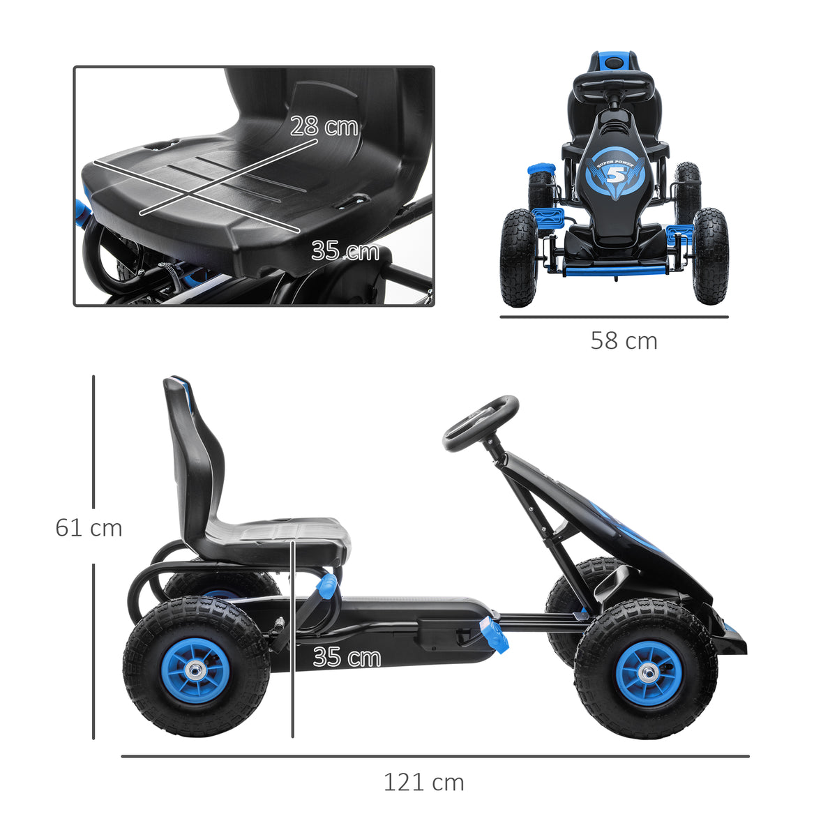 Lasten polkuautokartingauto kumirenkailla, säädettävä istuin, 5–12 v, sininen/musta